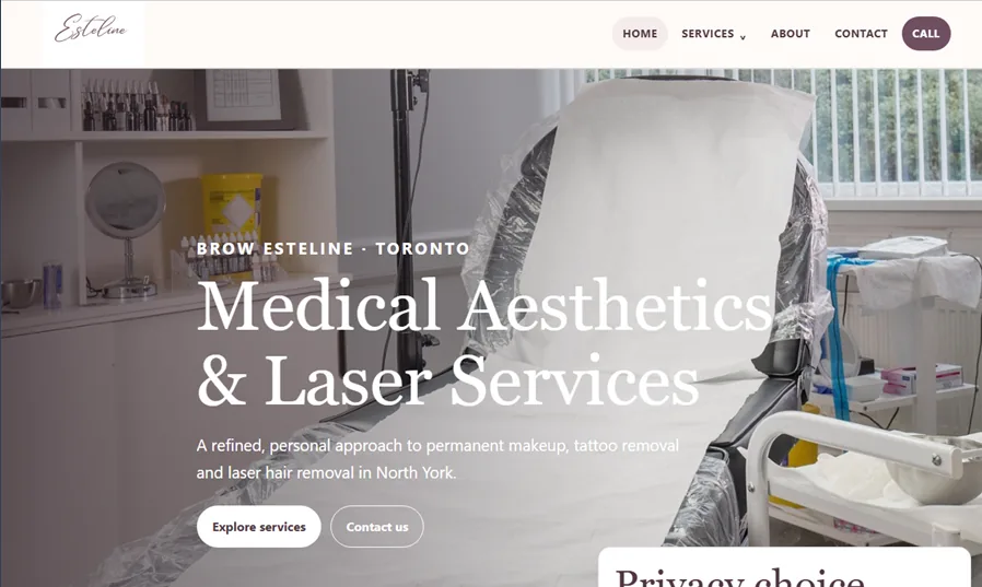 Brow Esteline homepage showing medical aesthetics and laser services, navigation, and service links.